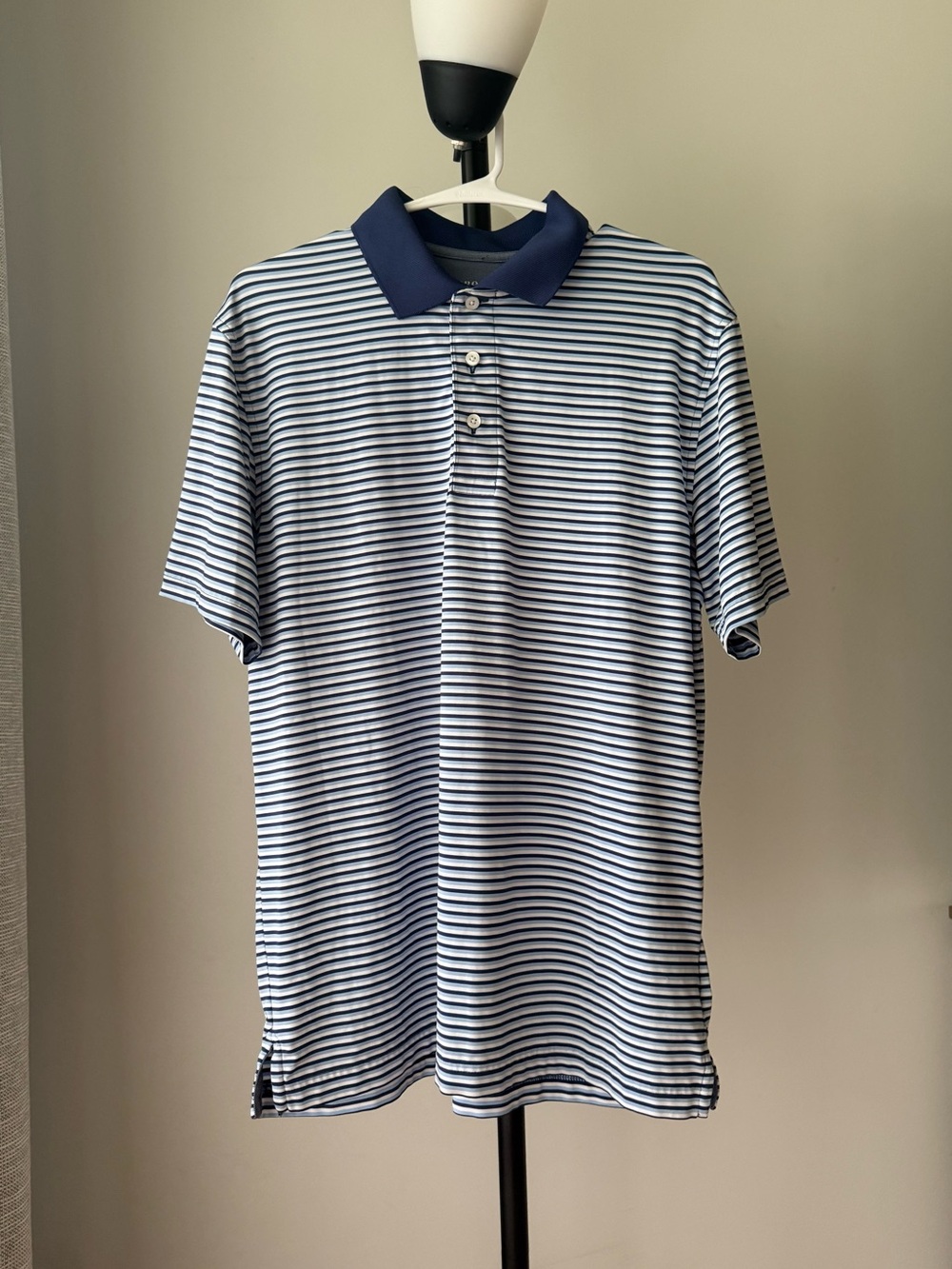 Brooks Brothers Polo Shirt Men M Blue Striped Performance Stretch Short Sleeve